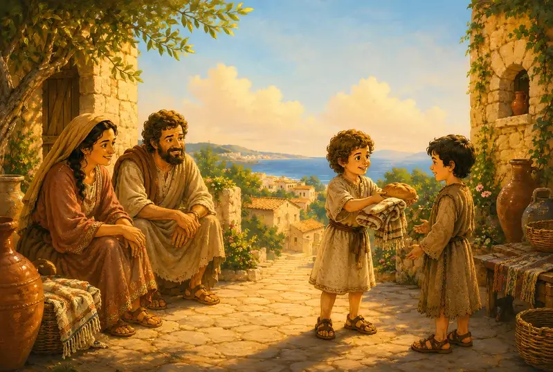 Young Nicholas shares bread and a blanket with another child