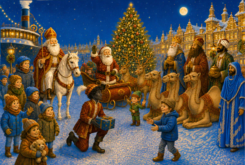 Saint Nicholas, Santa Claus and the Three Wise Men meet at a Christmas celebration
