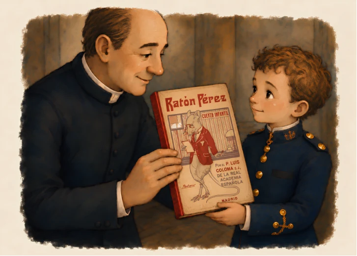 Luis Coloma mostrando la historia del Ratón Pérez al niño Alfonso XIII, Bubi