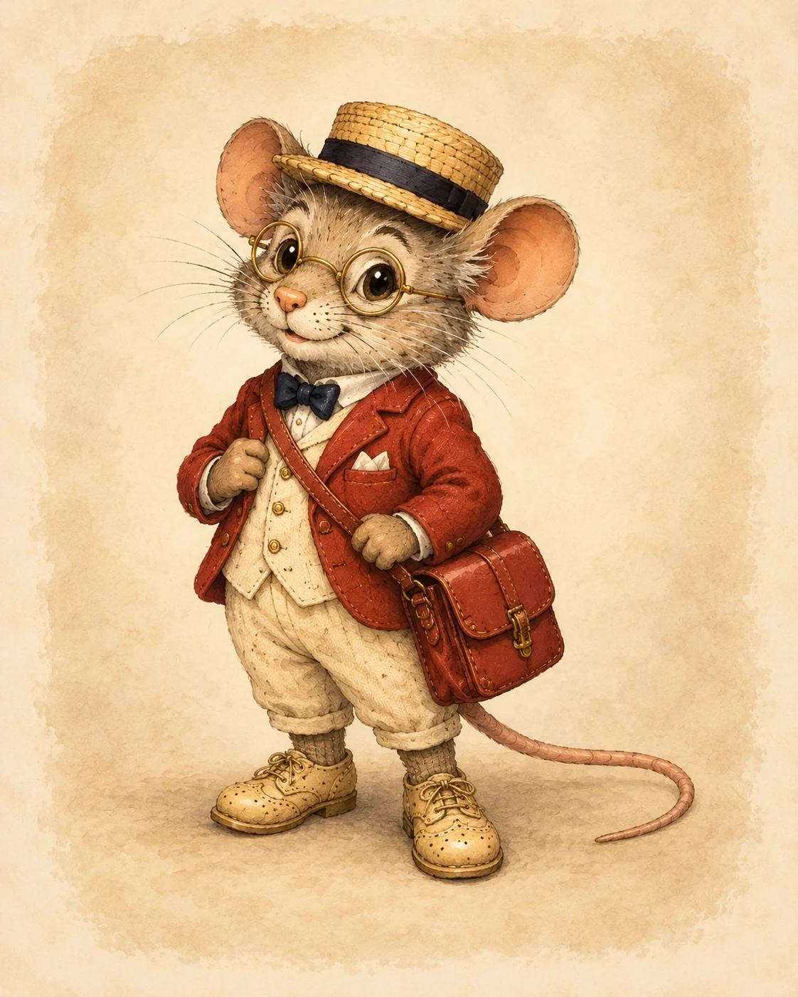 Ratón Pérez descrito por Luis Coloma con sombrero de paja, lentes de oro, zapatos claros y cartera roja