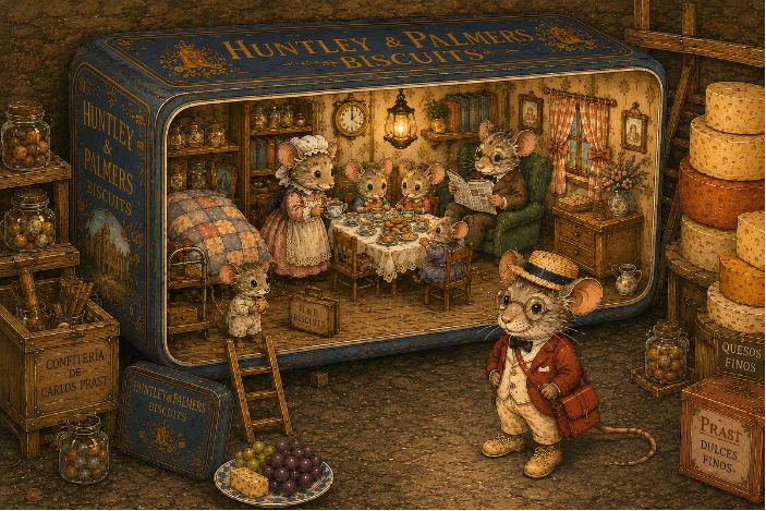 Casa de la familia Pérez dentro de una gran caja de galletas junto a la confitería de Carlos Prast